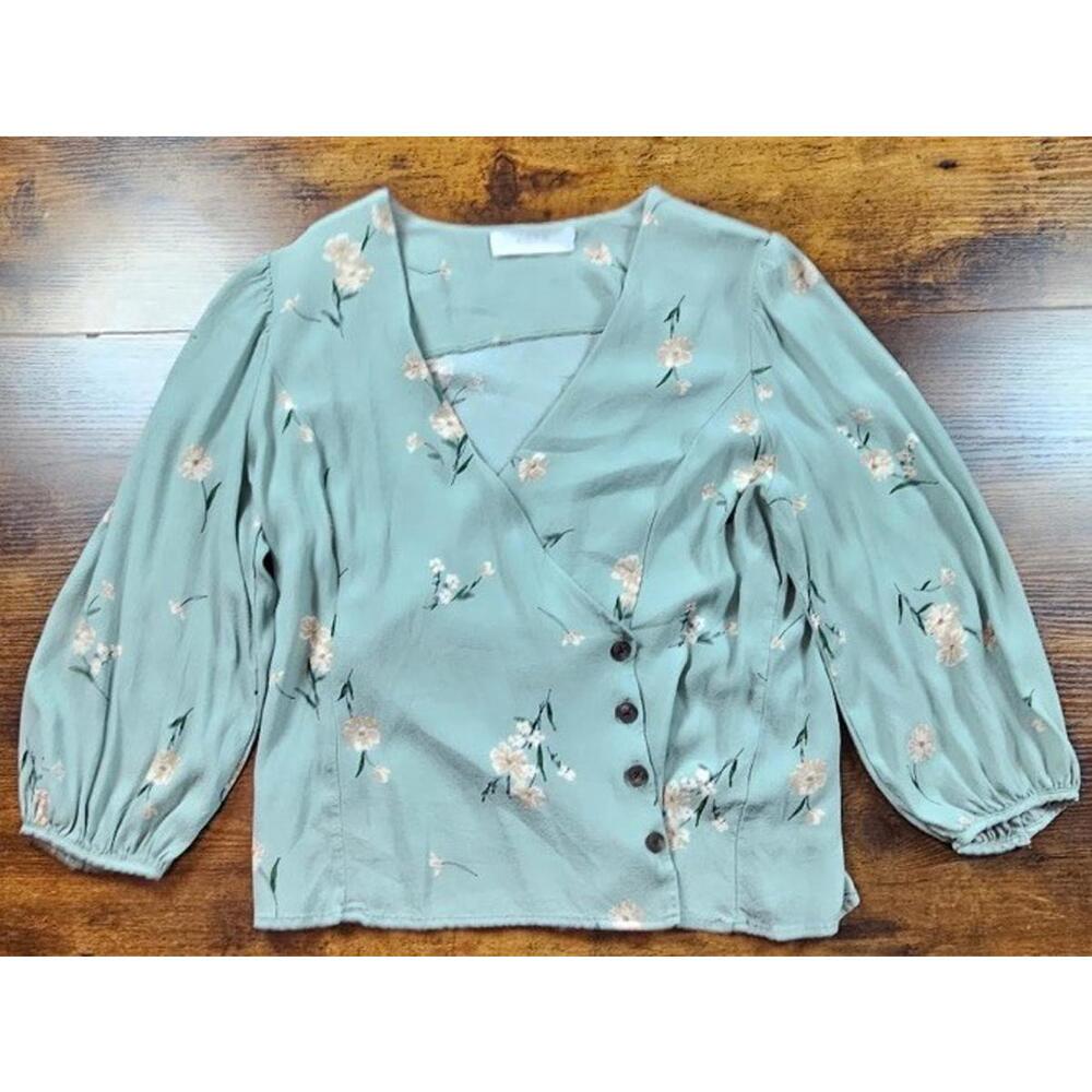 ASTR The Label Teal Floral Wrap Blouse Semi Sheer Wide Sleeves Size Extra Large